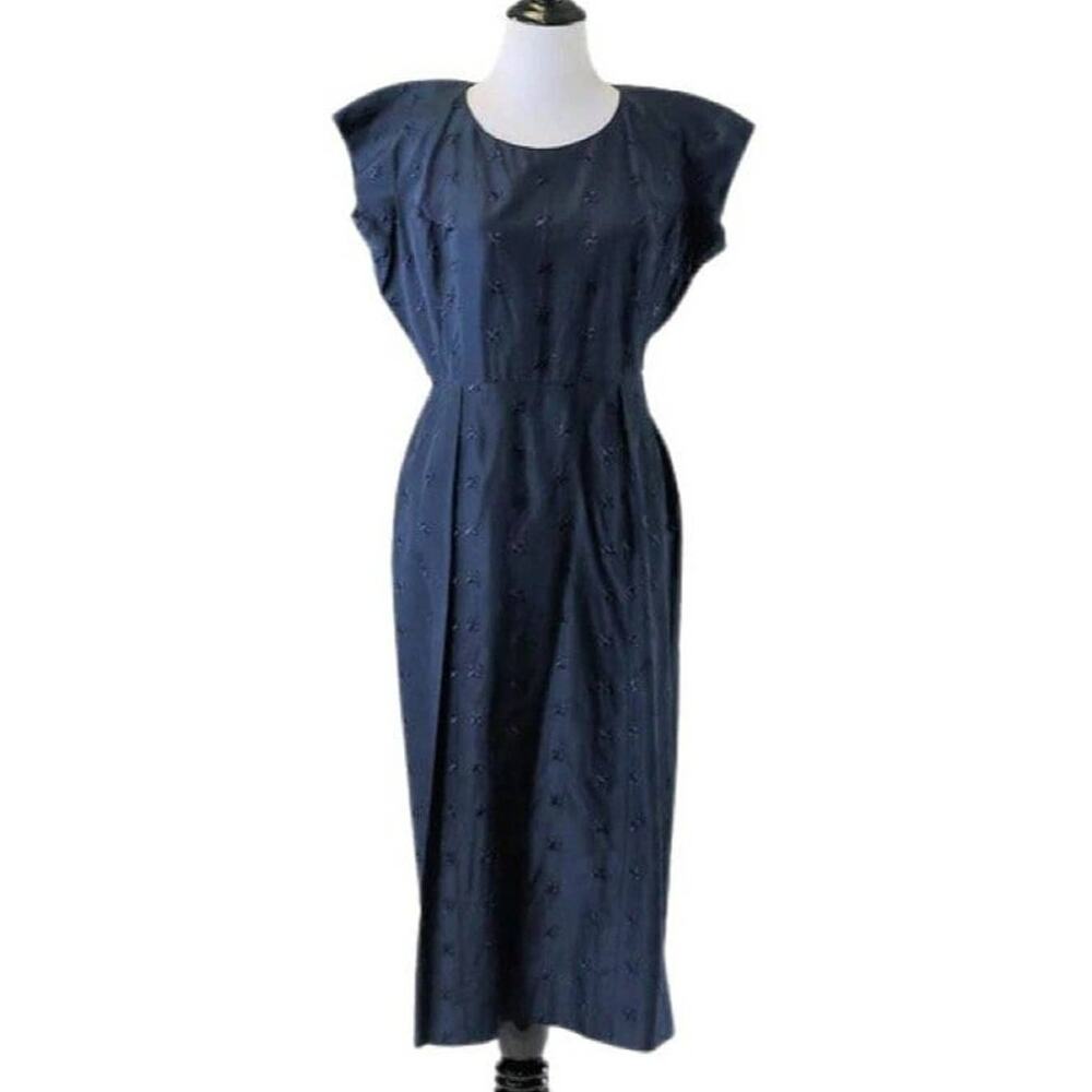 Vintage 50s-60s Navy Blue Dress with Embroidered Fleur De Lis Print Medium